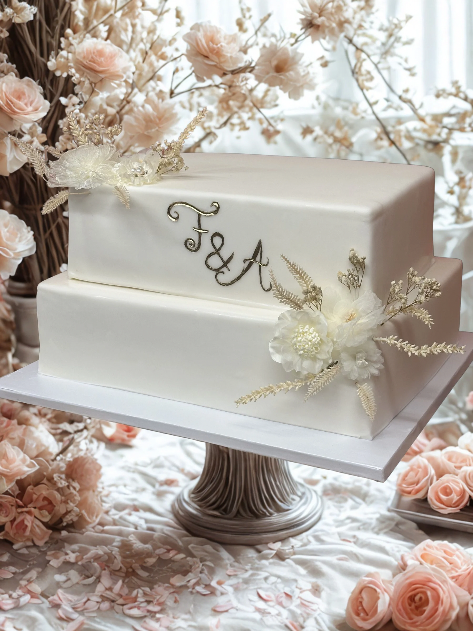 Elegáns kétszintes esküvői torta virágdíszítéssel