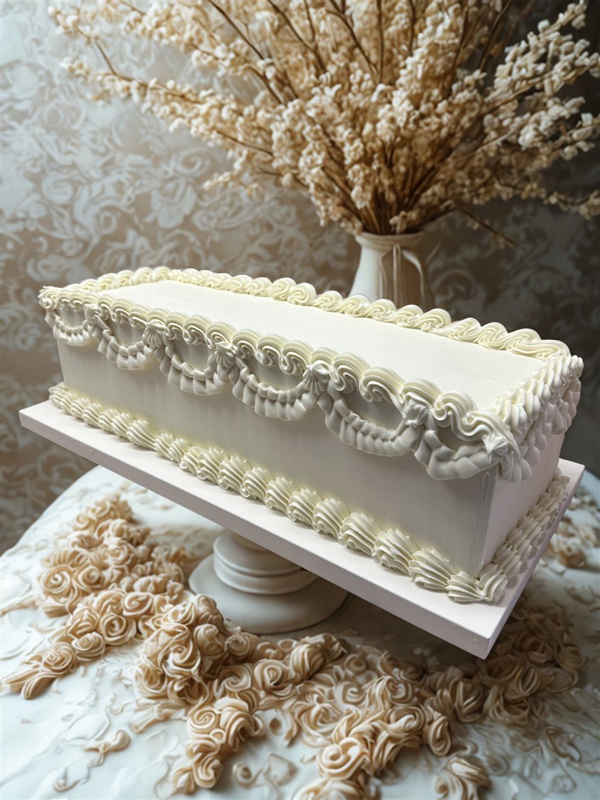 Feher, kremes diszitesu unnepi torta tortaallvanyon, szarazvirag-dekorral