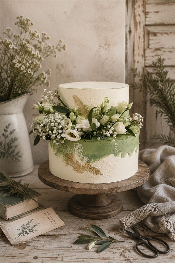 Kétszintes esküvői torta zsályazöld festéssel és friss fehér virágokkal