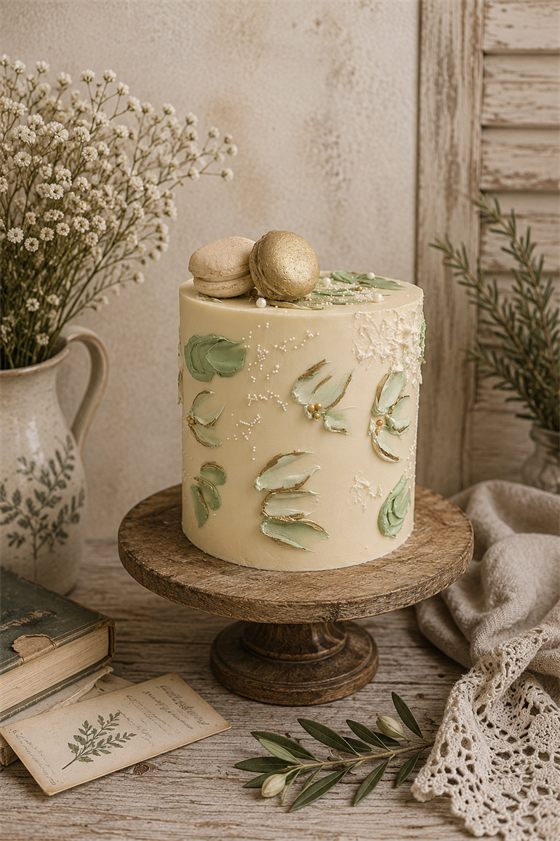 Krémszínű torta kézzel festett zsályazöld levelekkel és arany macaronokkal