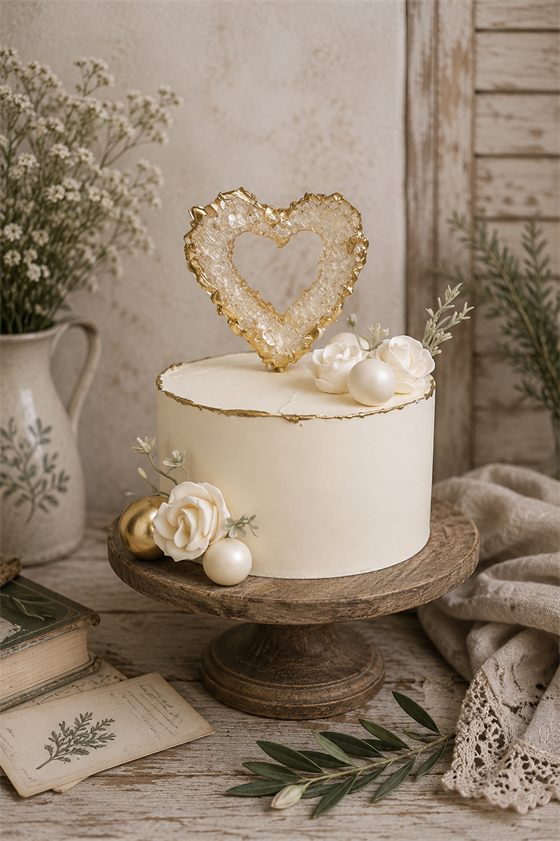Elegáns krémfehér torta csillogó arany szív dísszel