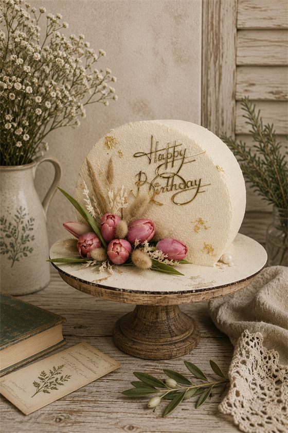 Születésnapi torta rózsaszín tulipánokkal és arany felirattal